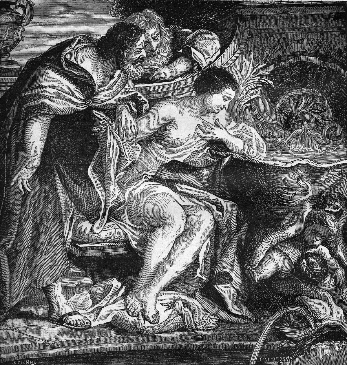 Antiguo Egipto: Keops imaginó prostituir a su hija para pagar la construcción de las Pirámides (proxenetismo). Grabado en “La historia de la prostitución y la depravación entre todos los pueblos del mundo desde la antigüedad hasta el presente” por el Dr. T de French School