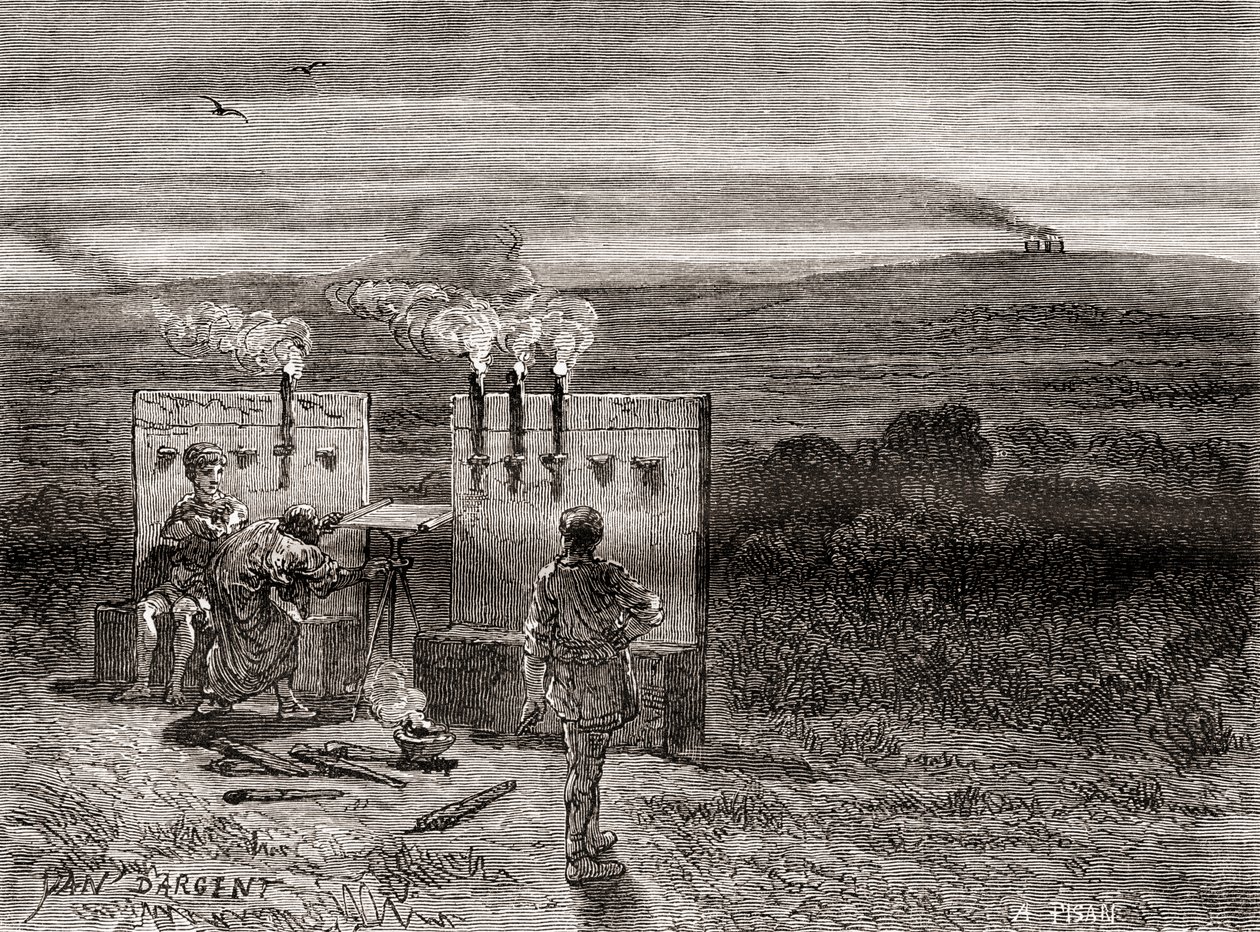 El historiador griego Polibio trabajando en el cuadrado de Polibio o tablero de damas, un sistema que inventó como ayuda a la telegrafía utilizando juegos de linternas, de Les Merveilles de la Science, publicado hacia 1870 (grabado). de French School