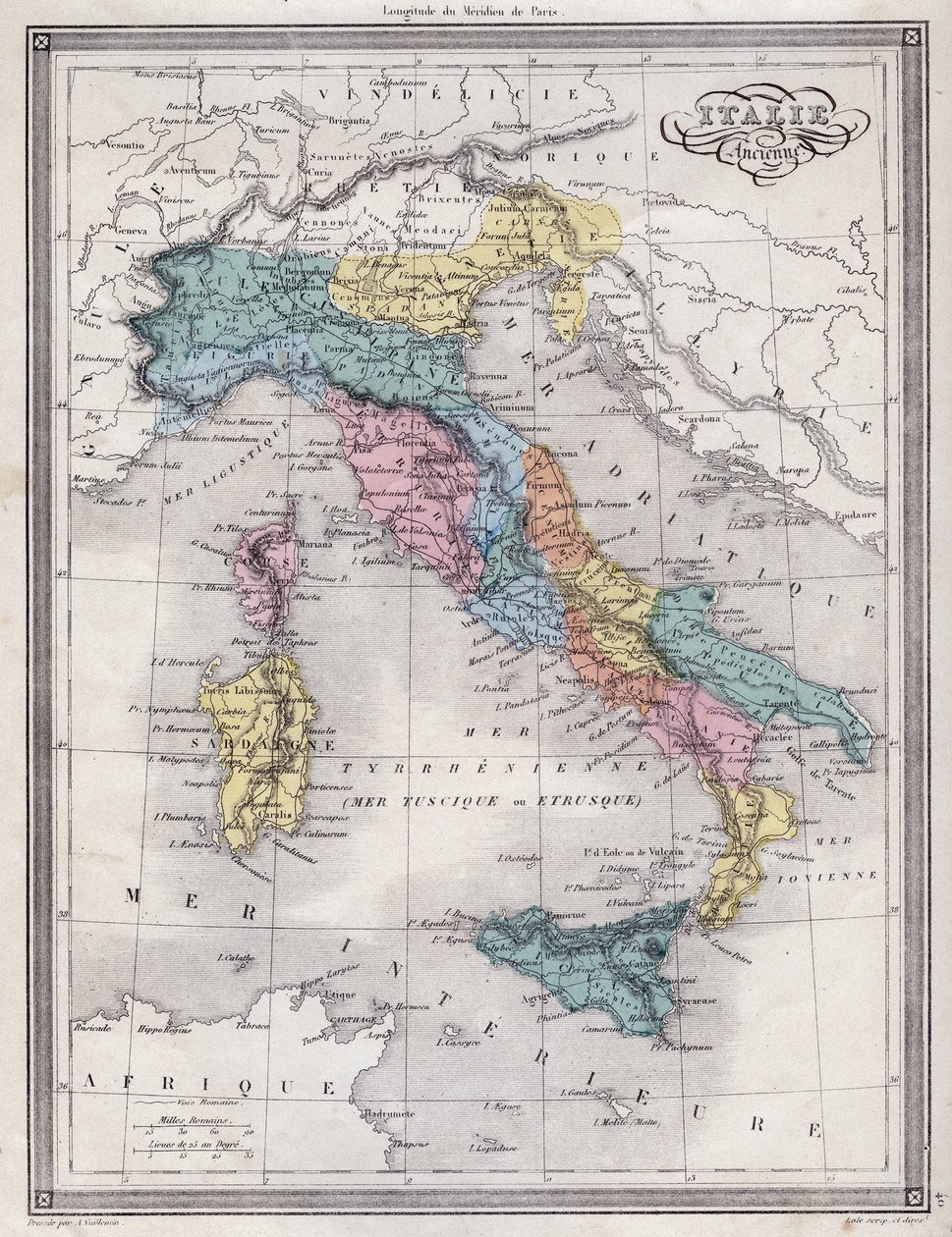 Italia antigua - Lámina extraída del “Atlas Universal de Geografía Antigua y Moderna para Escuelas Residenciales” por Vuillemin - ca. 1845 de French School