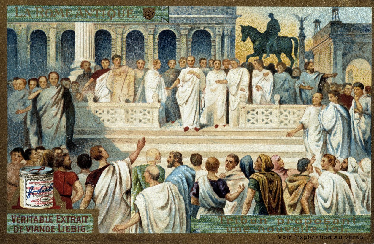 Antigua Roma: tribuno que propone una nueva ley - Cromolitografía Liebig, v.1900 de French School