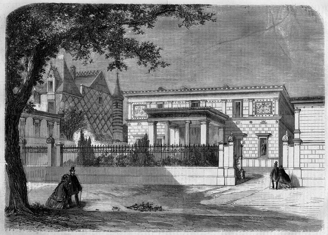 Arquitectura antigua: vista de la fachada de la casa pompeyana del "Príncipe Napoleón" (1822-1891) construida por el arquitecto Alfred Normand. París, rue Montaigne. de French School