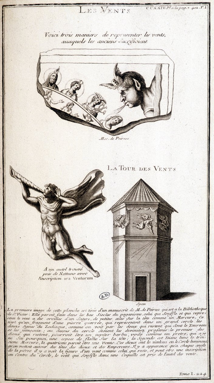 Representaciones antiguas del viento y torre del viento - grabado de French School