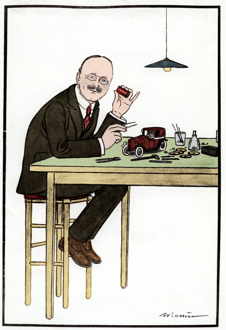 André Citroen (1878-1935), fabricando una maqueta de automóvil; dibujo de Barriere. de French School