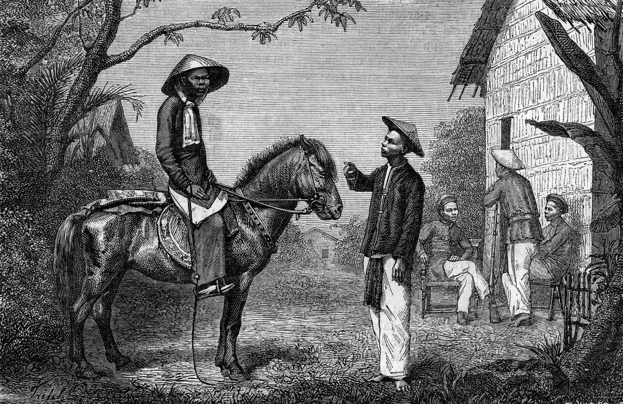 Tiradores anamitas en Indochina. Grabado en "El diario de la juventud" de French School