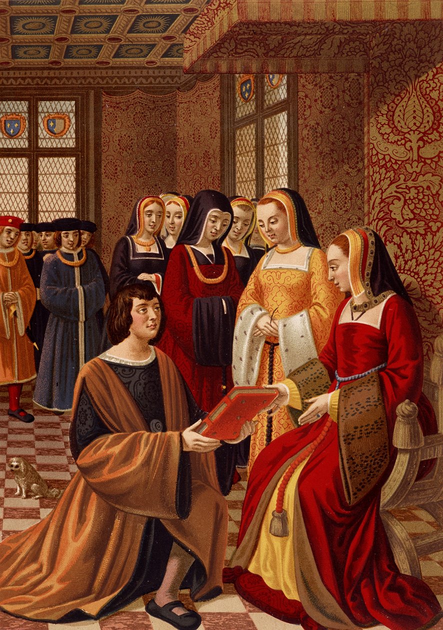 Ana de Bretaña (1477-1514) rodeada por sus damas de honor. Cromolitografía después de una miniatura del siglo XVI. Biblioteca de Artes Decorativas, París de French School