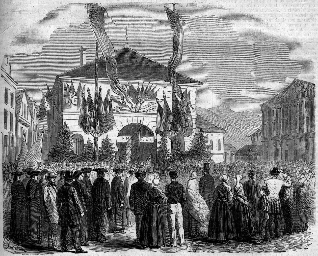 Anexión de Saboya a Francia, Chambery, 22 de abril de 1860: voto de la población sobre la anexión de Saboya a Francia. Grabado en "Le Monde Illustré" n°160 del 5 de mayo de 1860 de French School
