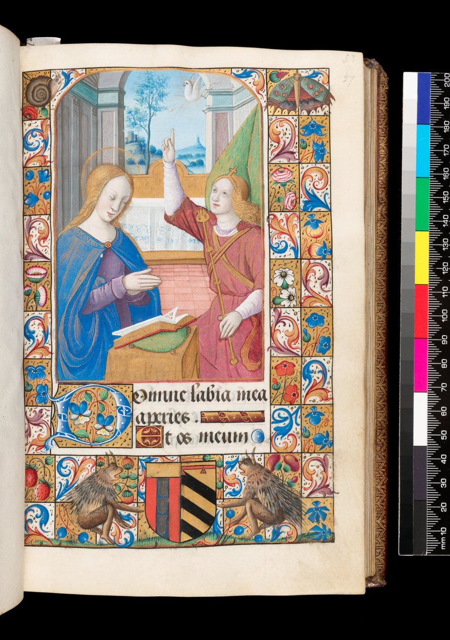 Anunciación del Libro de Horas, MS 92 f.27r, Francia Occidental de French School