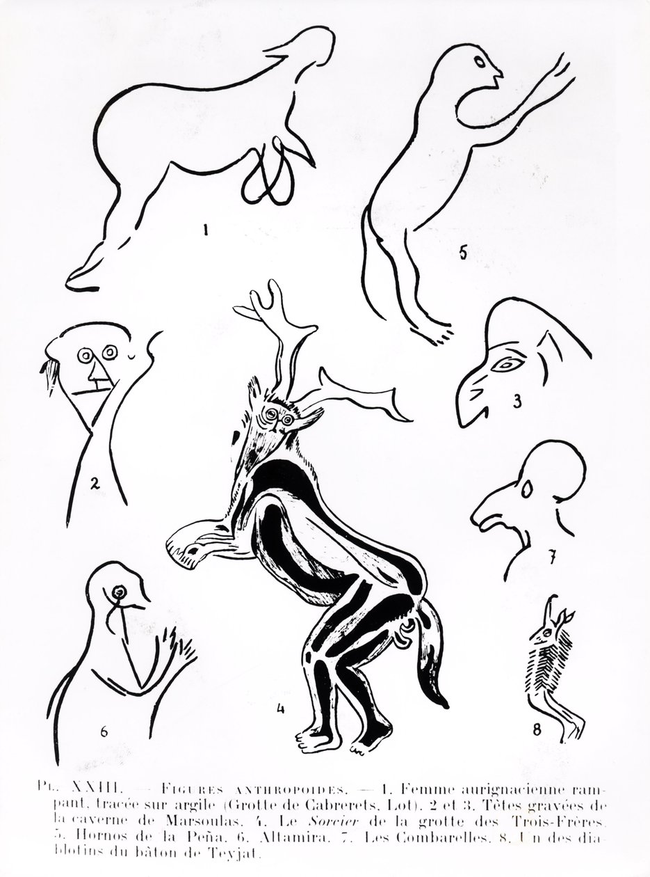 Figuras antropoides en cuevas prehistóricas, de Les Artistes Prehistoriques por Morin-Jean, 1933 de French School