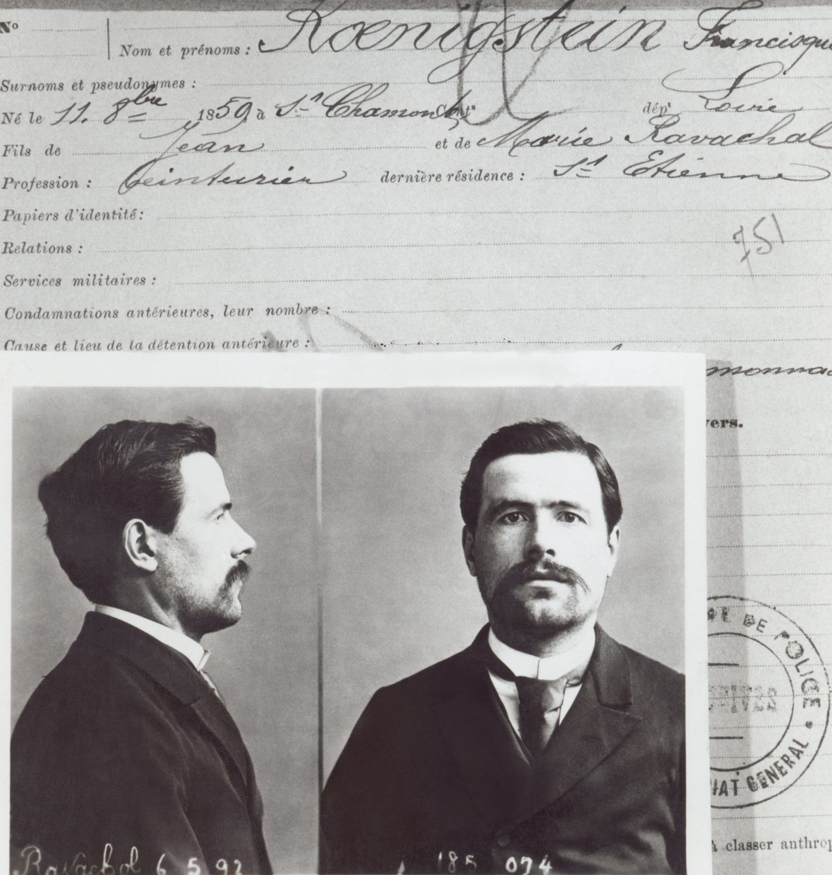 Formulario antropométrico de François Claudius Koenigstein, llamado Ravachol (1859-92) de French School