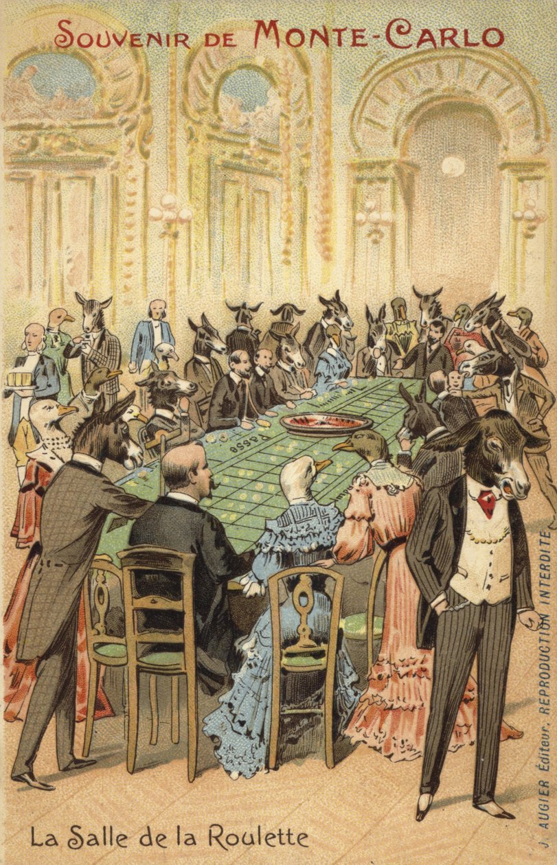 Ilustración antropomorfa de las locuras del Casino de Montecarlo (litografía en color) de French School