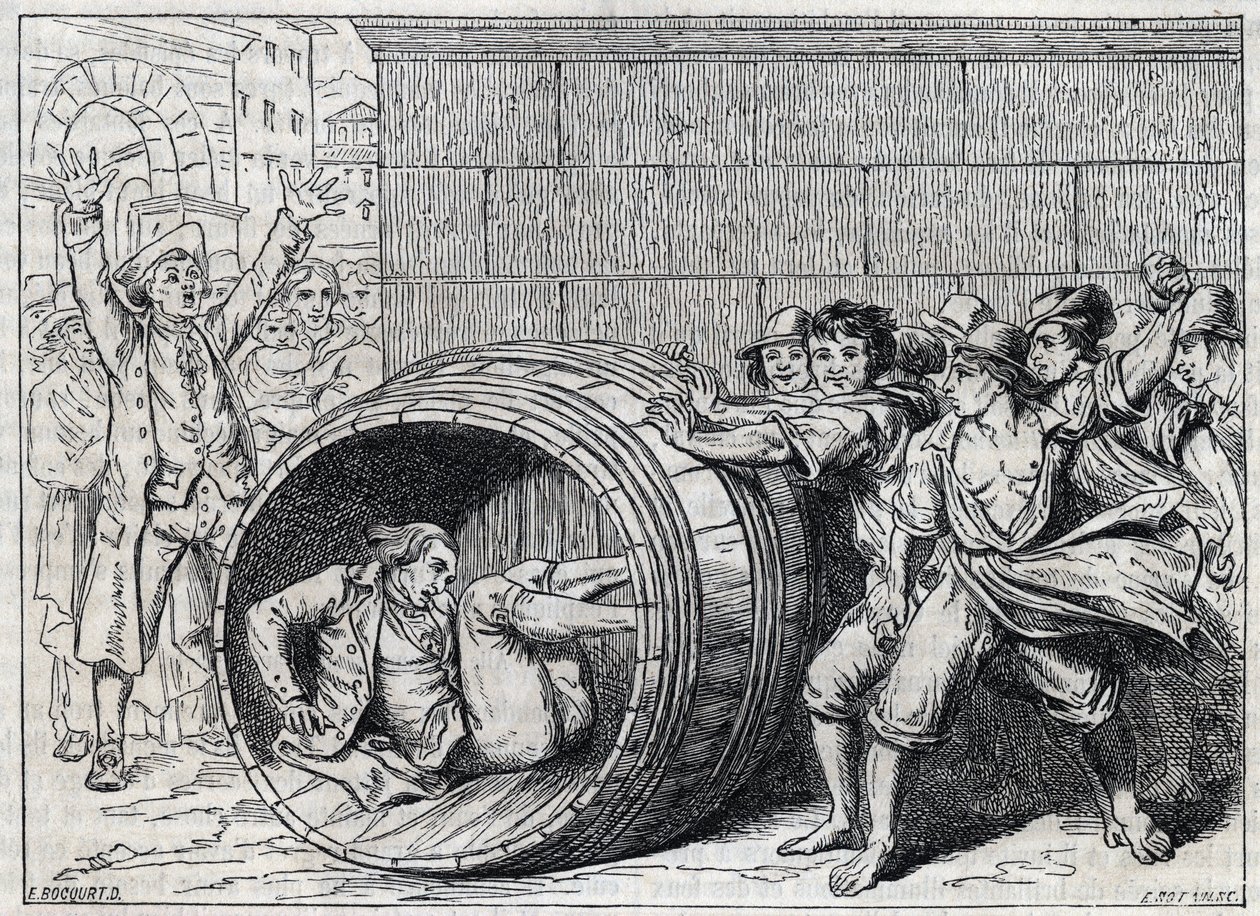 Persecución antisemita en el siglo XVII: un judío rueda en un barril por los habitantes de Roma. Ilustración de "Meo Patacca", poema de Giuseppe Berneri (1637-1700). Grabado por Bocourt de French School