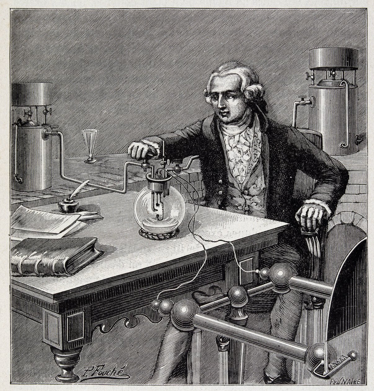 Antoine Laurent de Lavoisier (1743-1794) dirigiendo un experimento - en "Physique populaire" de Emile Desbeaux de French School