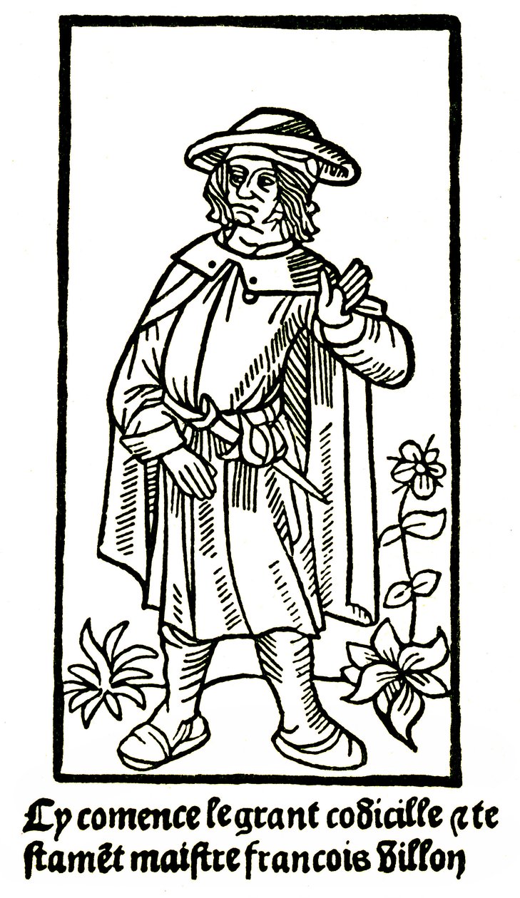 Retrato apócrifo del poeta François Villon en “The Grand Testament” - “Cy comence le grant codicille & testamet maistre François Villon” (aquí comienza el gran codicille y testamento) edición P Levet 1489. de French School