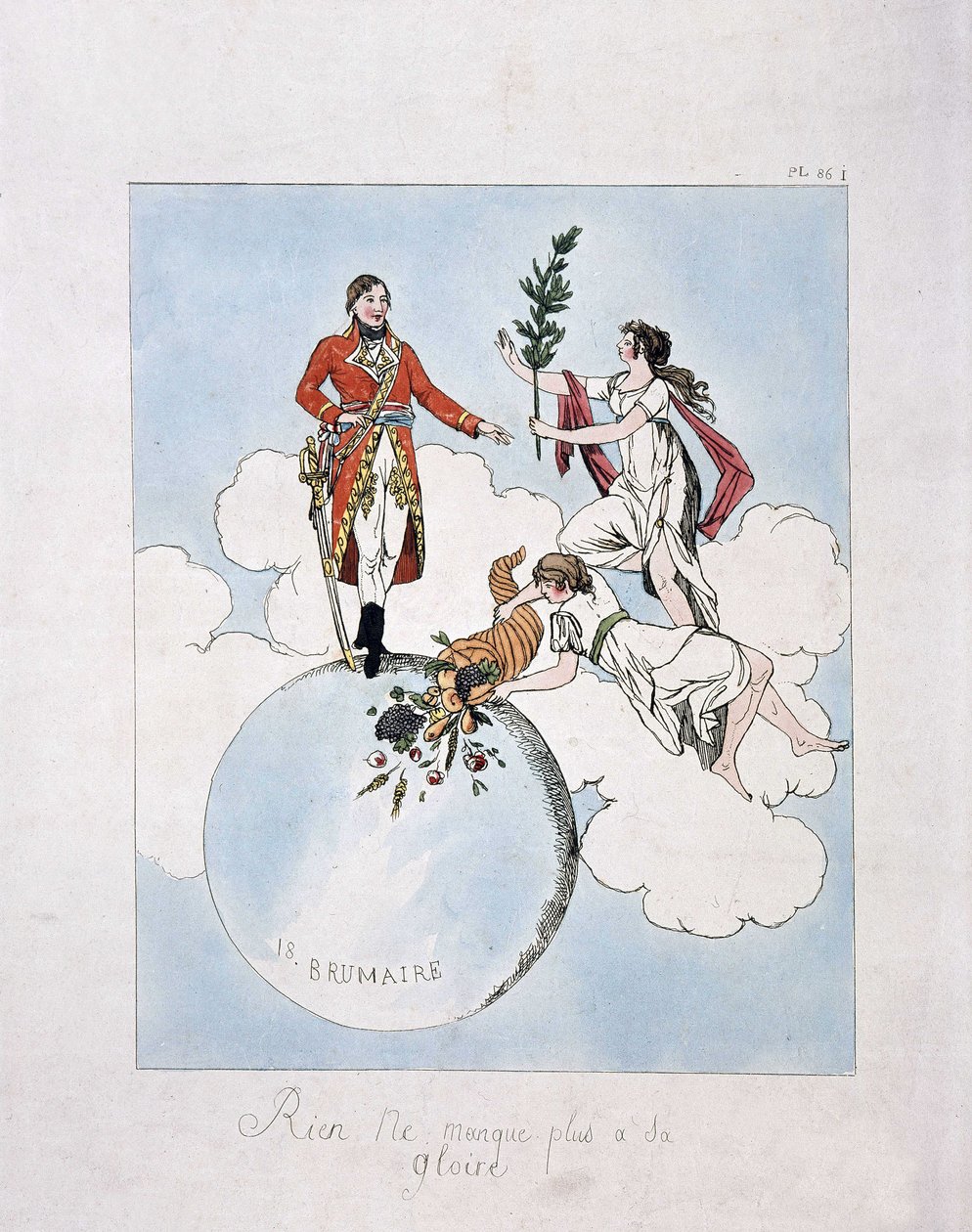Apoteosis de Napoleón Bonaparte durante el golpe de estado del 18 brumario año VIII (9.11.1799). (ninfas presentándole laurel y cuerno de la abundancia) de French School