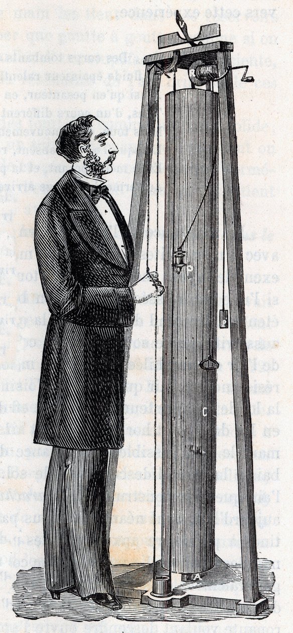 Aparato de Arthur Jules Morin (1795-1880) para el estudio de la caída de los cuerpos - Grabado en “Ciencias al alcance de todos - Física y química populares” por Alexis Clerc - Finales del siglo XIX - Colección privada de French School