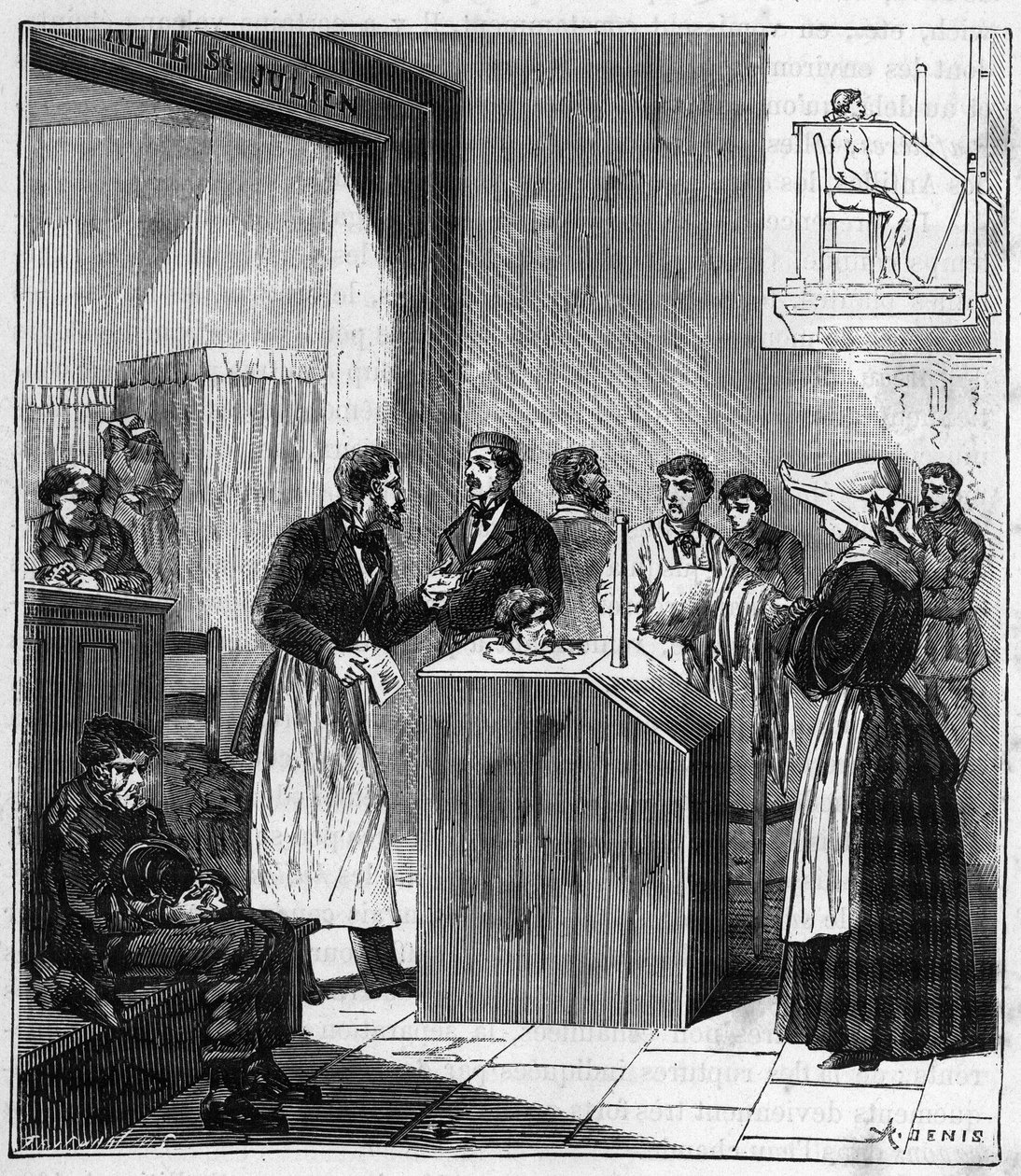 Aparato utilizado en hospitales de París a finales del siglo XIX para la guerra de la sarna con azufre - Grabado en “Ciencias llevadas a la gracia de todos - física y química” por Alexis Clerc - Finales del siglo XIX - Colección privada de French School