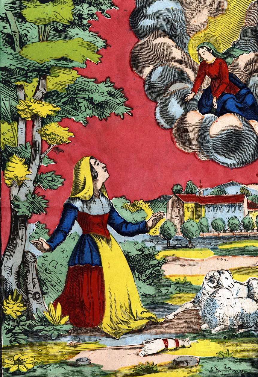 Aparición de la Virgen Bendita a la Santa Hermana Benoite, conocida como la Pastora de Laus. Imagen de Epinal, primera mitad del siglo XIX de French School