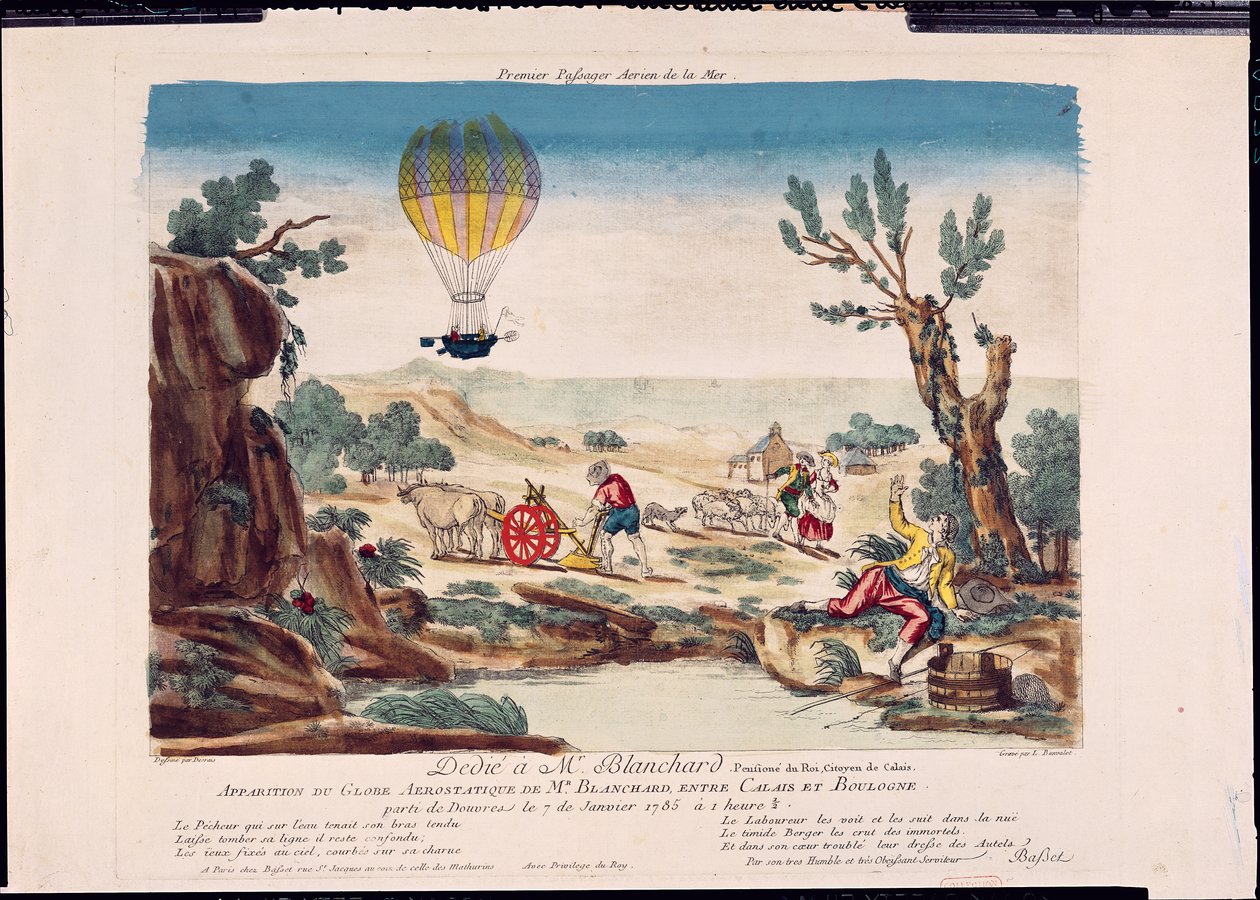 Aparición del Globo Aerostático de Jean Pierre Blanchard (1753-1809) entre Calais y Boulogne, 1785 de French School