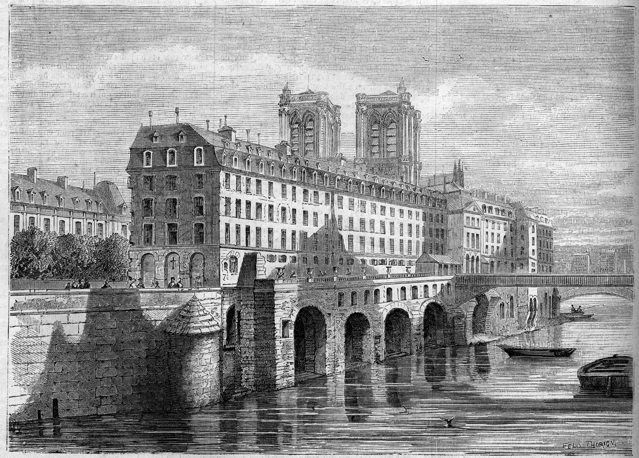 Arquitectura: vista exterior del Hotel Dieu en la Île de la Cité en París, antes de su demolición. Vista tomada desde el Quai de la Tournelle en 1859. Grabado en “Le Monde Illustré” n°136 del 19 de noviembre de 1859. de French School