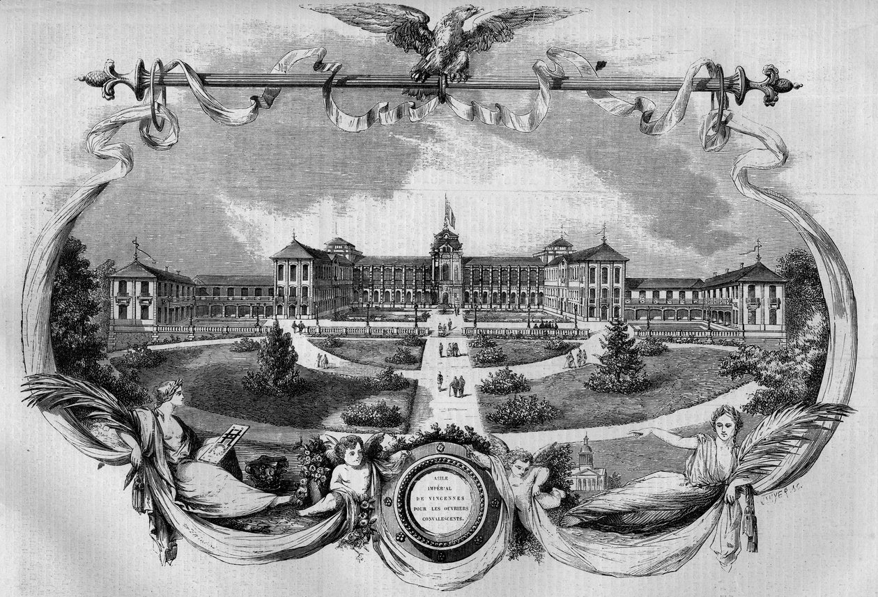 Arquitectura: fachada del hospital conocido como Asilo Imperial de Vincennes para trabajadores convalecientes inaugurado en 1857. Hoy se llama el Hospital Nacional de Saint Maurice, Saint Maurice (94). Grabado en Le Monde Illustré n°20 del 29 de agosto de  de French School