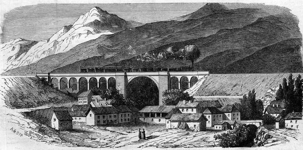 Arquitectura: vista del viaducto de Bellegarde (Rhone Alpes) en la línea ferroviaria que conecta Lyon con Ginebra. 1858. Grabado en "Le Monde Illustré" n°49 del 20 de marzo de 1858. de French School