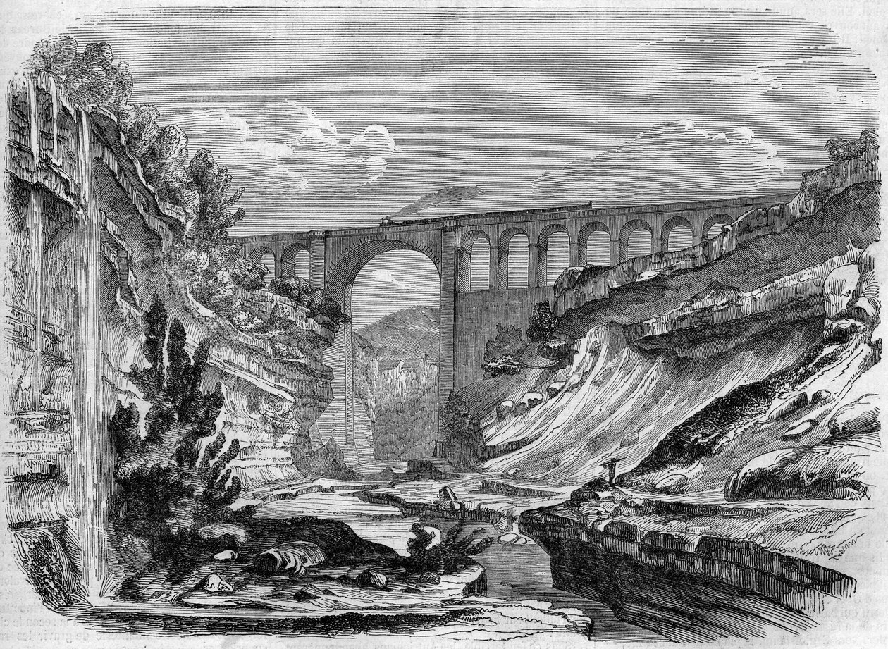 Arquitectura: vista del viaducto de Valserine (Rhone Alpes) en la línea ferroviaria que conecta Lyon con Ginebra. 1858. Grabado en “Le Monde Illustré” n°48 del 13 de marzo de 1858. de French School