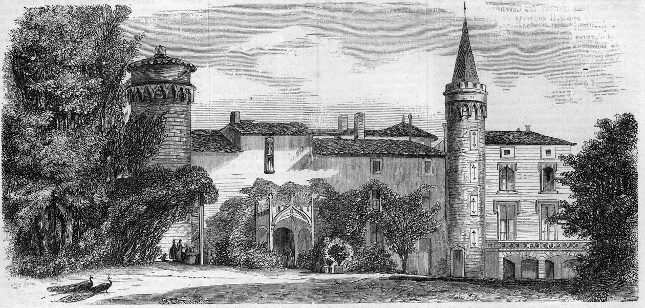 Arquitectura: vista del castillo de Saint Point (Saint-Point) (siglo XIII), residencia de Alphonse de Lamartine. Saona y Loira (71). Grabado en "Le Monde Illustré" n°29 del 31 de octubre de 1857. de French School