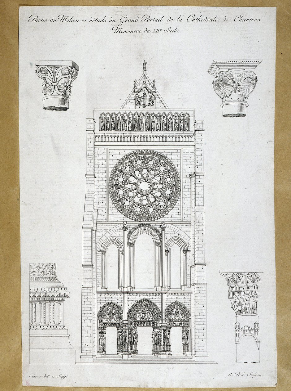 Arquitectura: vista del gran portal de la Catedral de Chartres - Monumento del siglo XII Placa del siglo XIX de French School