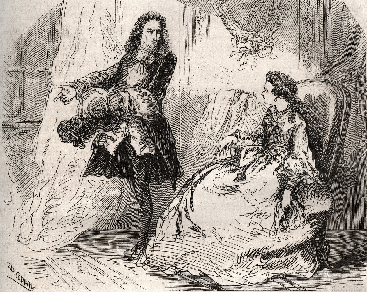Armande Bejart (1641-1700), esposa de Jean Baptiste Poquelin dit Moliere (1622-1673) con su amante, el Conde de Guiche, Grabado de 1871 en “Histoire Des Cocus Celebres” de Henry de Kock (1819-1892). de French School