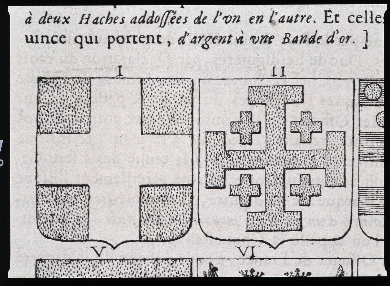 Armas de Montmorency y Godofredo de Bouillon - en "La verdadera y perfecta ciencia del escudo de armas o el índice de armas" por Pierre Paillot de French School