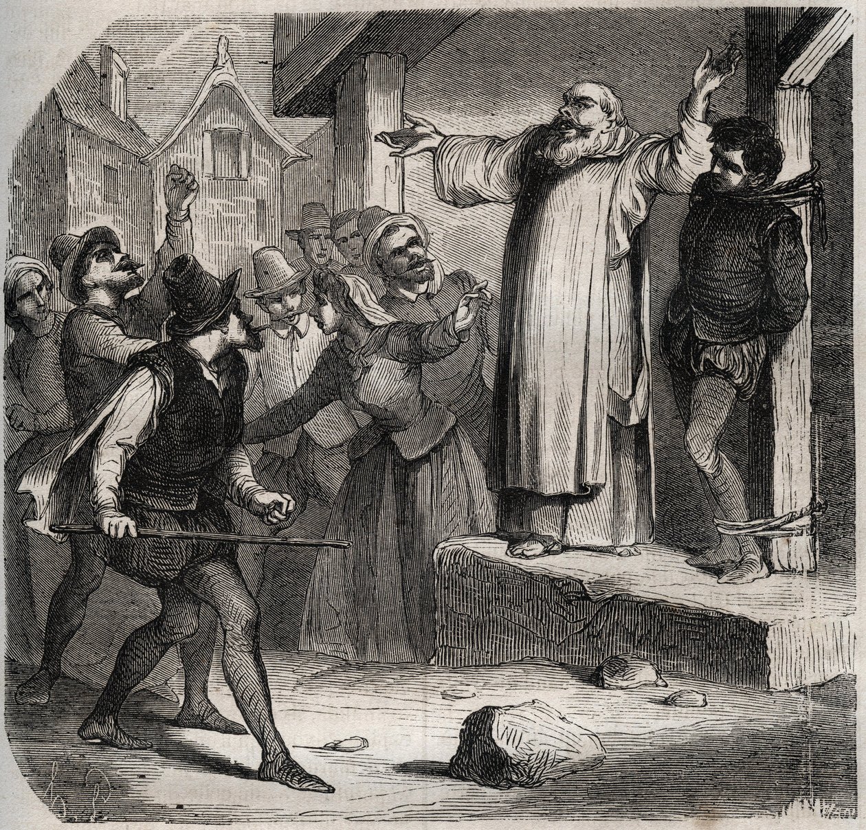 Arnaud du Tilh está atado a una horca y sometido a los insultos de la multitud antes de su ejecución por usurpar la identidad de Martin Guerre (circa 1524 alrededor de 1560). Grabado de 1871 en “Histoire Des Cocuses Celebres” de Henry de Kock de French School