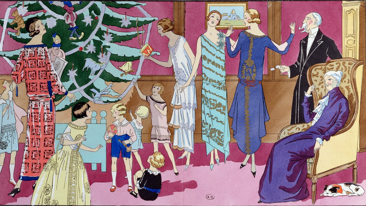 Alrededor del Árbol de Navidad, lámina de moda de la revista Art Gout Beaute, diciembre de 1923 de French School