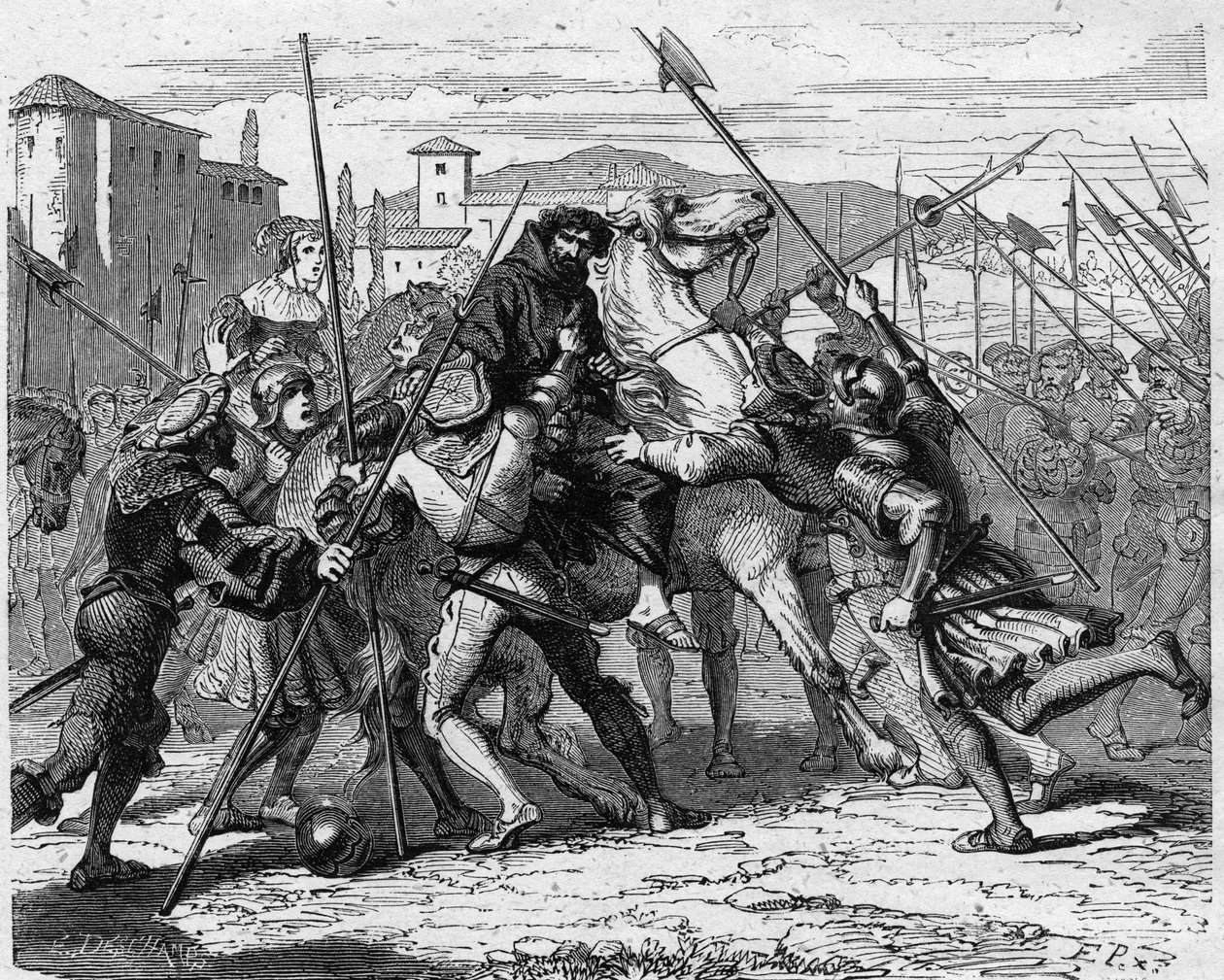 Arresto de Ludovico María Sforza, llamado el Moro (1452-1508) en Milán en 1500 traicionado por mercenarios suizos, cayó en manos del ejército francés. Grabado en "Histoire De France En Cent Tableaux" por Paul Lehugeur de French School