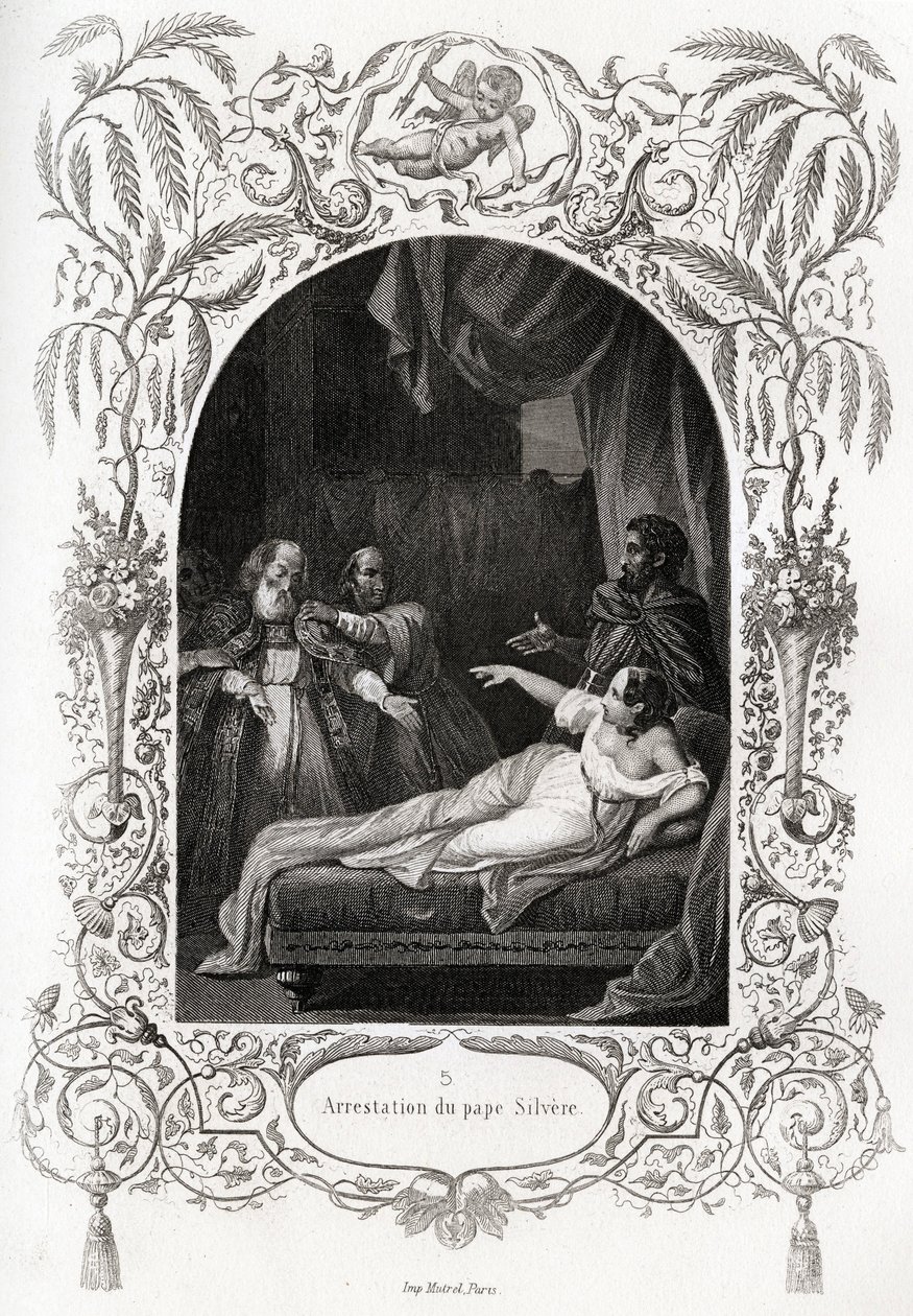 Arresto del Papa Silvere (Silverio) (Papa de 536 a 537). Grabado para ilustrar Historia de los papas por Maurice Lachatre (1814-1900), librería del progreso, París. de French School