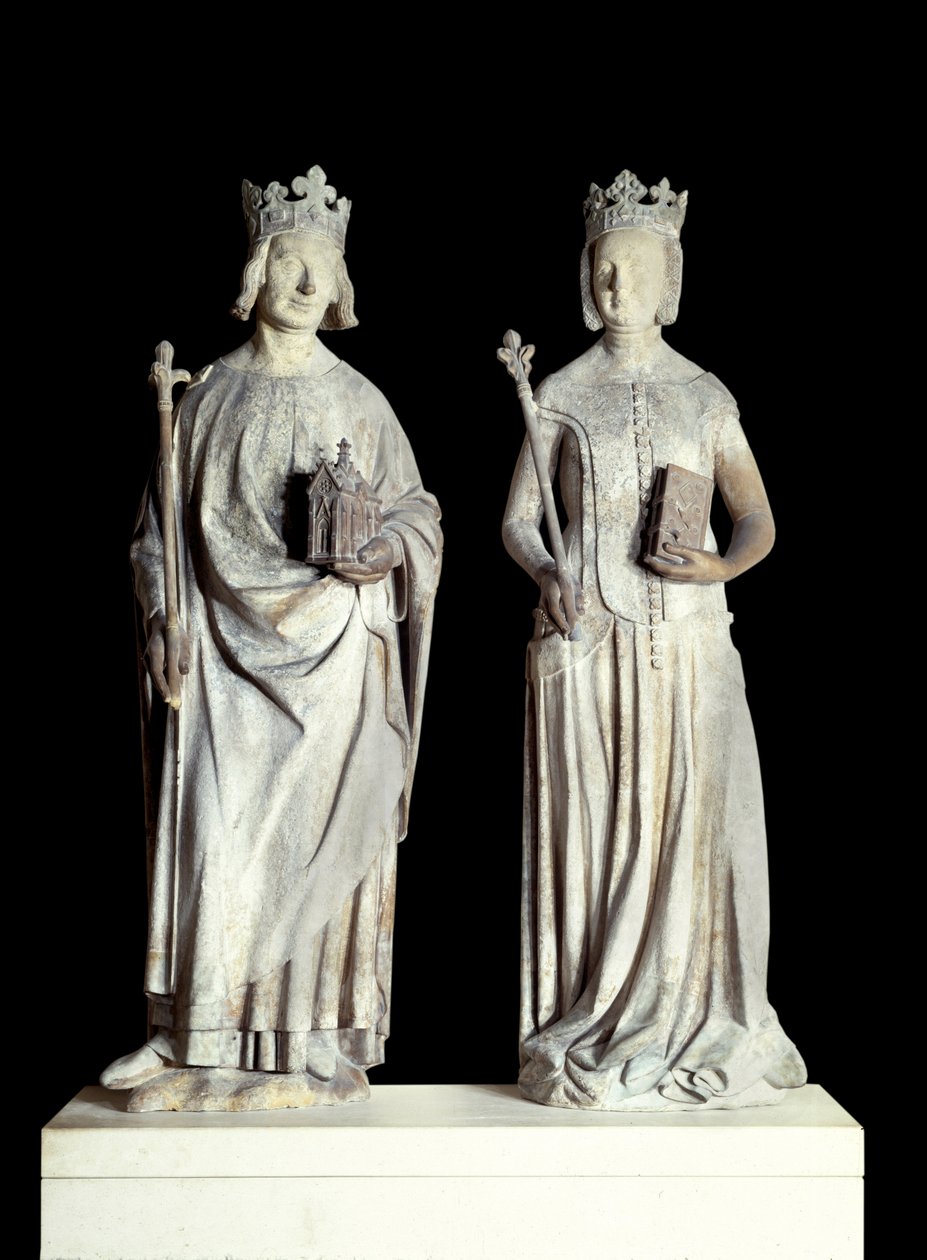 Arte Francia: Estatuas del Rey de Francia Carlos V conocido como Carlos el Sabio (1338-1380) y la Reina de Francia Juana de Borbón (1337-1378). Escultura en piedra caliza del siglo XIV. Probablemente de la fachada de la entrada oriental del Louvre de French School