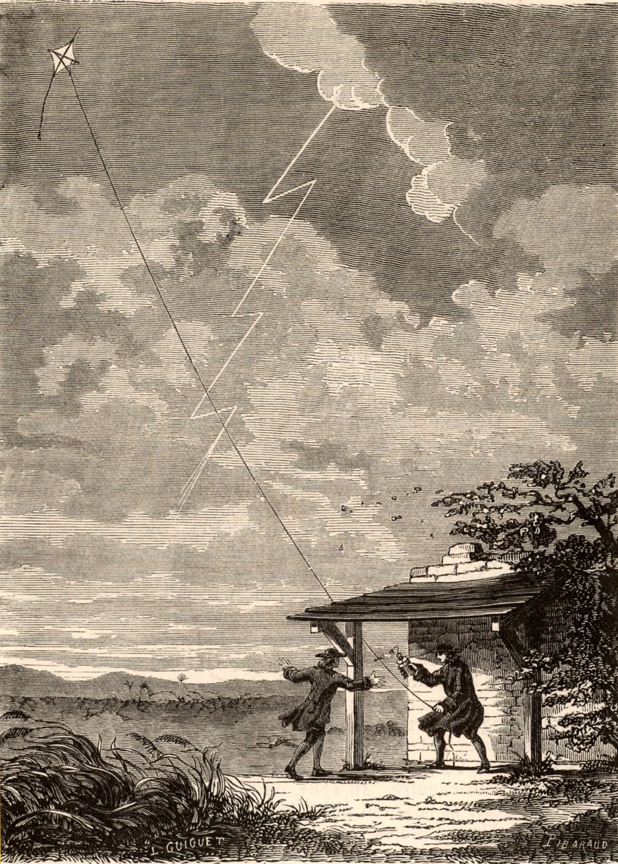 Impresión artística de la investigación de Benjamin Franklin sobre la naturaleza eléctrica de los rayos, de "Les Merveilles de a Science", de Louis Figuier, hacia 1870 (grabado). de French School
