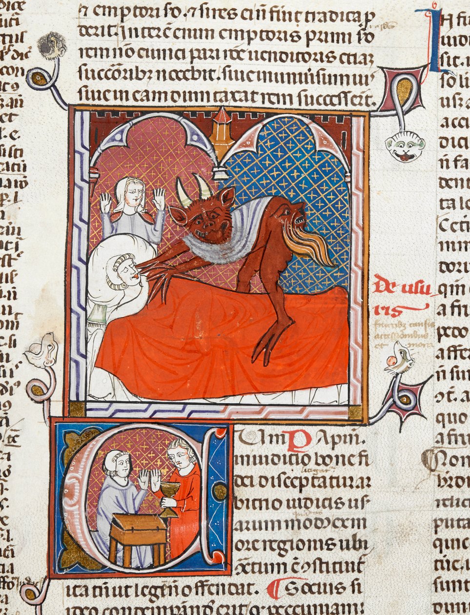 Arundel 484 f.245 Un diablo o demonio en el lecho de un muerto, ilustración de Digestum Vetus con glosa ordinaria, de Justiniano, c.1300-10 (vitela) de French School