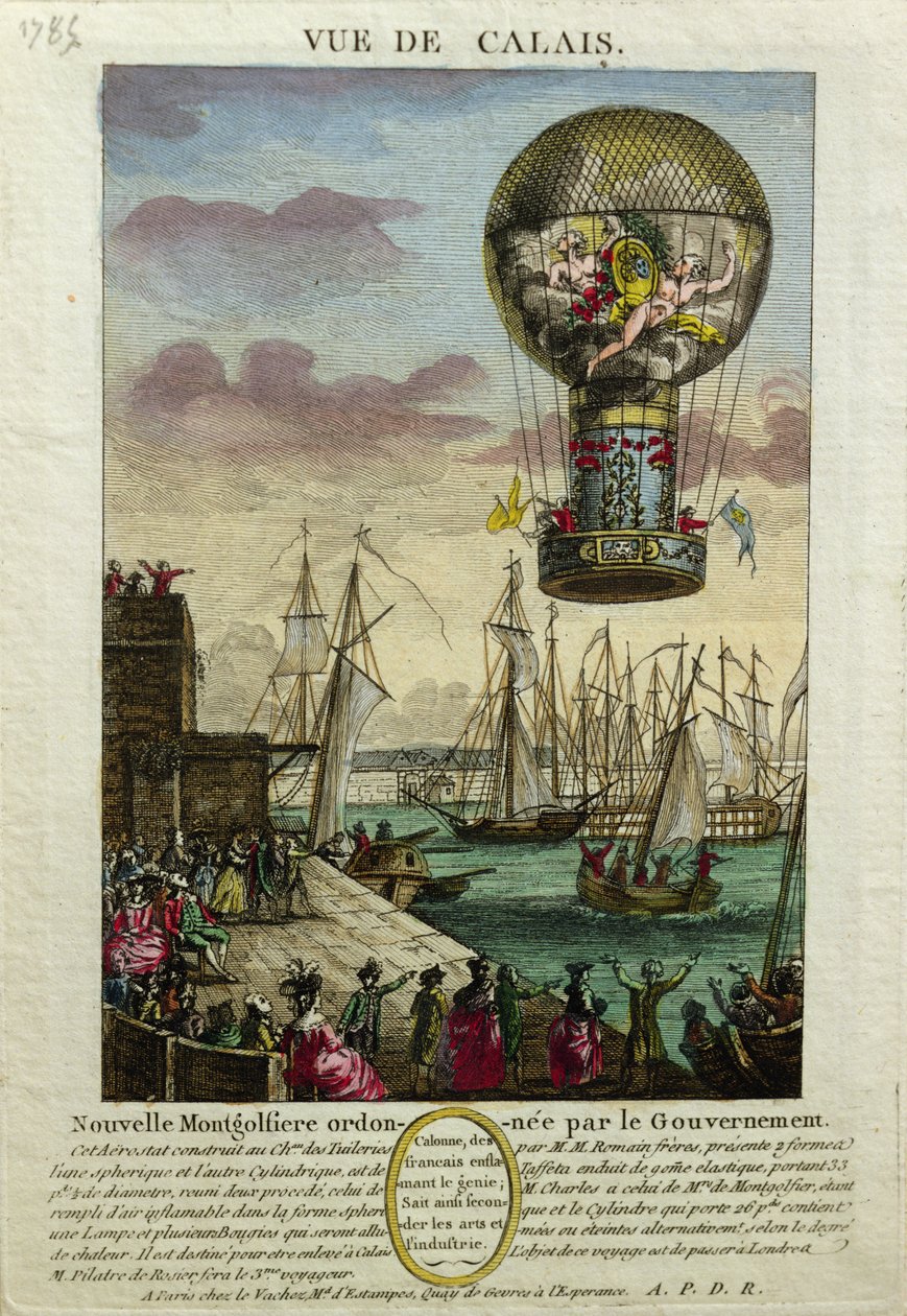 Ascenso de un globo aerostático Montgolfière en Calais en 1785 de French School