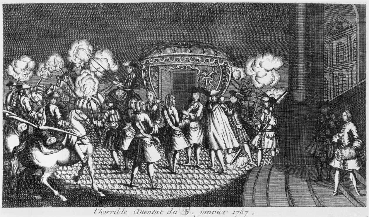 Intento de asesinato del rey Luis XV (1710-74) por Robert François Damiens el 5 de enero de 1757 de French School