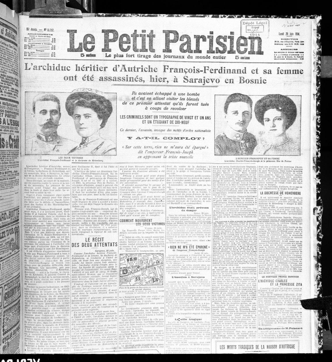 Asesinato del Archiduque Francisco Fernando de Austria (1863-1914) y su esposa, de Le Petit Parisien, 29 de junio de 1914 de French School