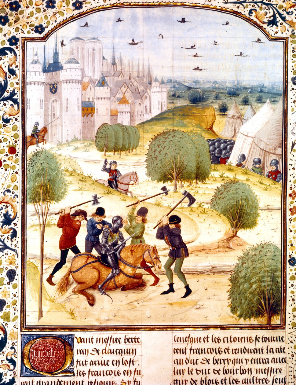 Asesinato de un caballero inglés en las afueras de París en 1437 (guerra de los 100 años) iluminación de las Crónicas de Inglaterra escritas por Jean de Wavrin de French School