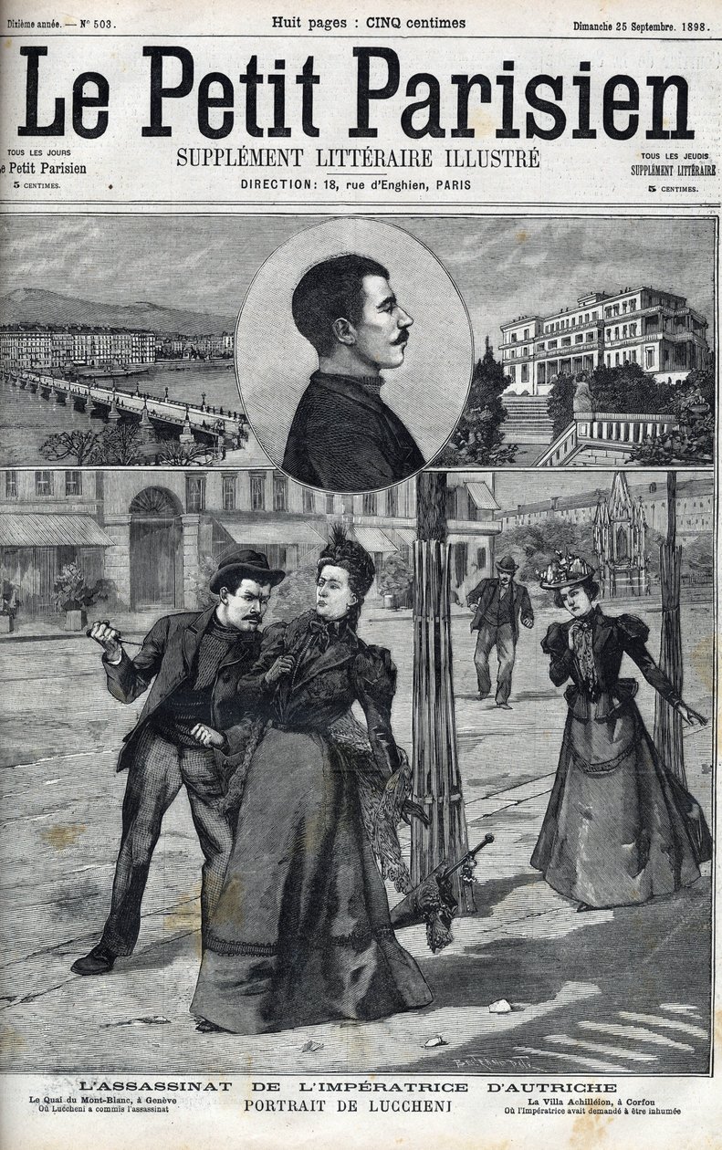 Asesinato de la Emperatriz Isabel de Austria (Sissi) por el anarquista italiano Luccheni en Ginebra en 1898. Portada de “Le petit Parisien” de 1898 - El asesinato de la Emperatriz Isabel de Austria (Sissi) por el anarquista italiano Luigi Lucheni, en Gineb de French School