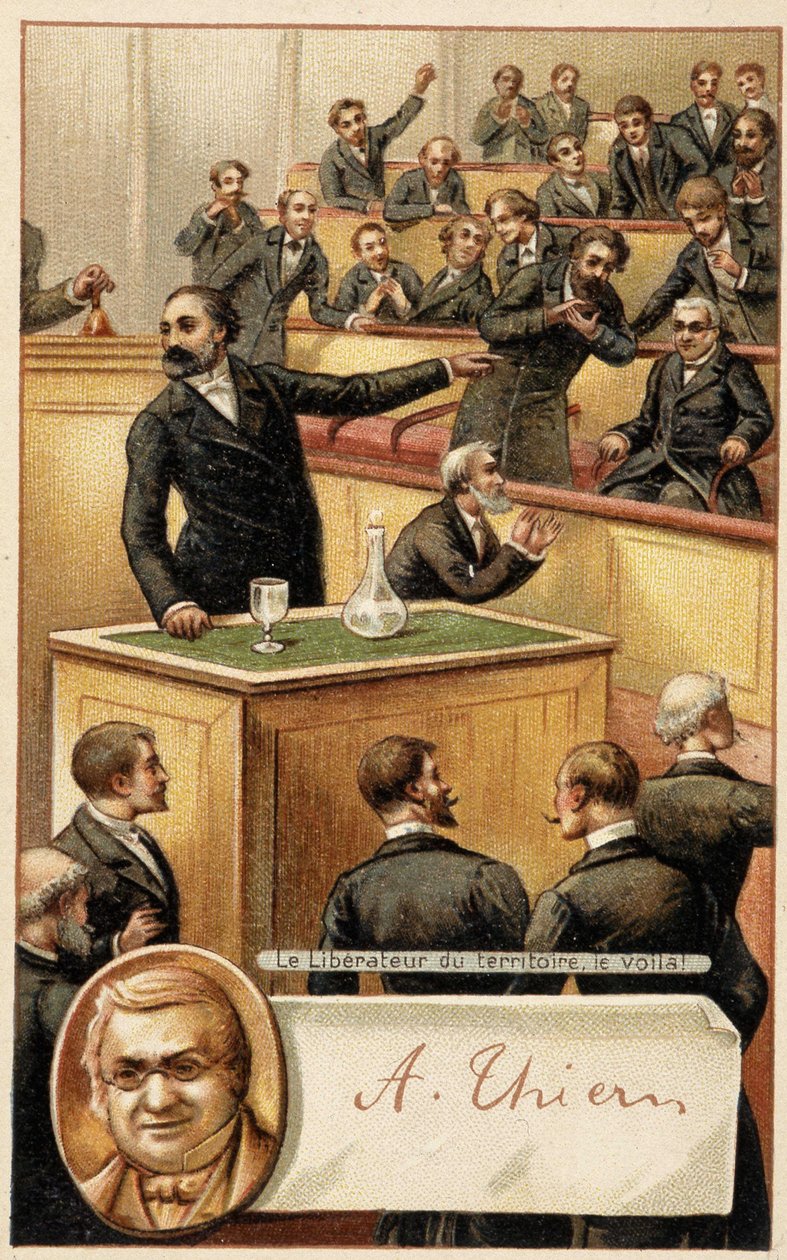 Asamblea aclamando a Thiers, "liberador del territorio" y retrato en medallón - cromo., finales del siglo XIX de French School