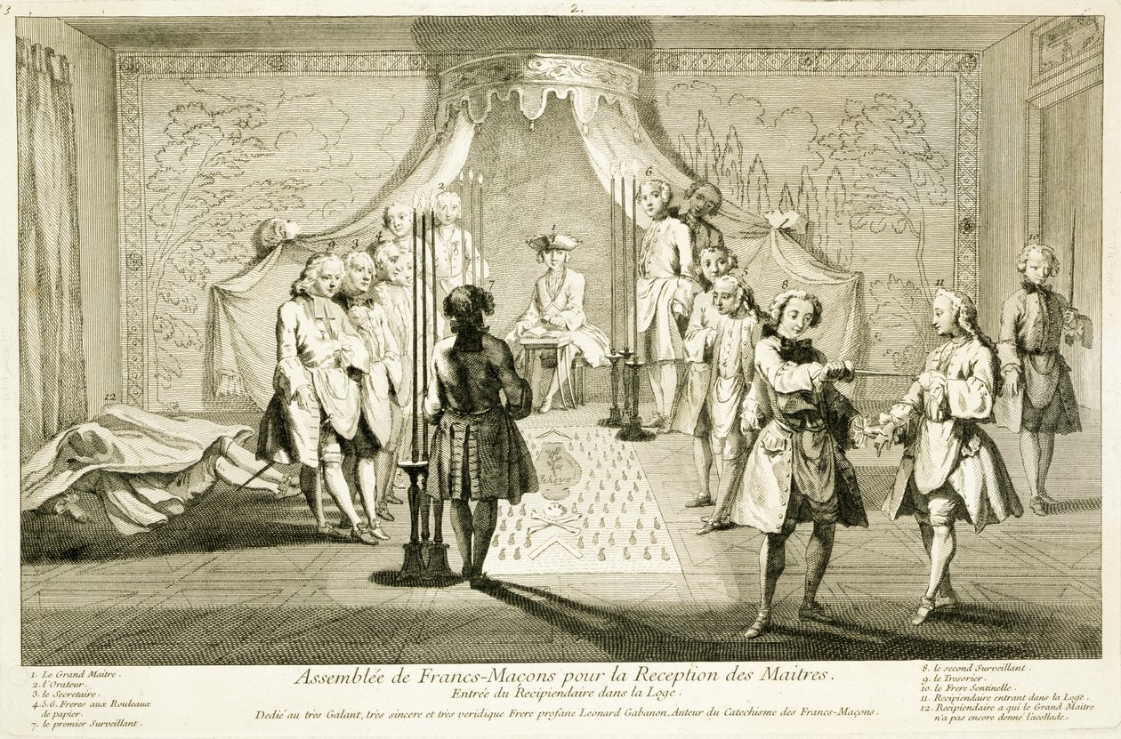 Asamblea de masones libres para la iniciación de un maestro, la entrada del candidato a la logia, de Las ceremonias de religión y costumbre, c.1733 de French School
