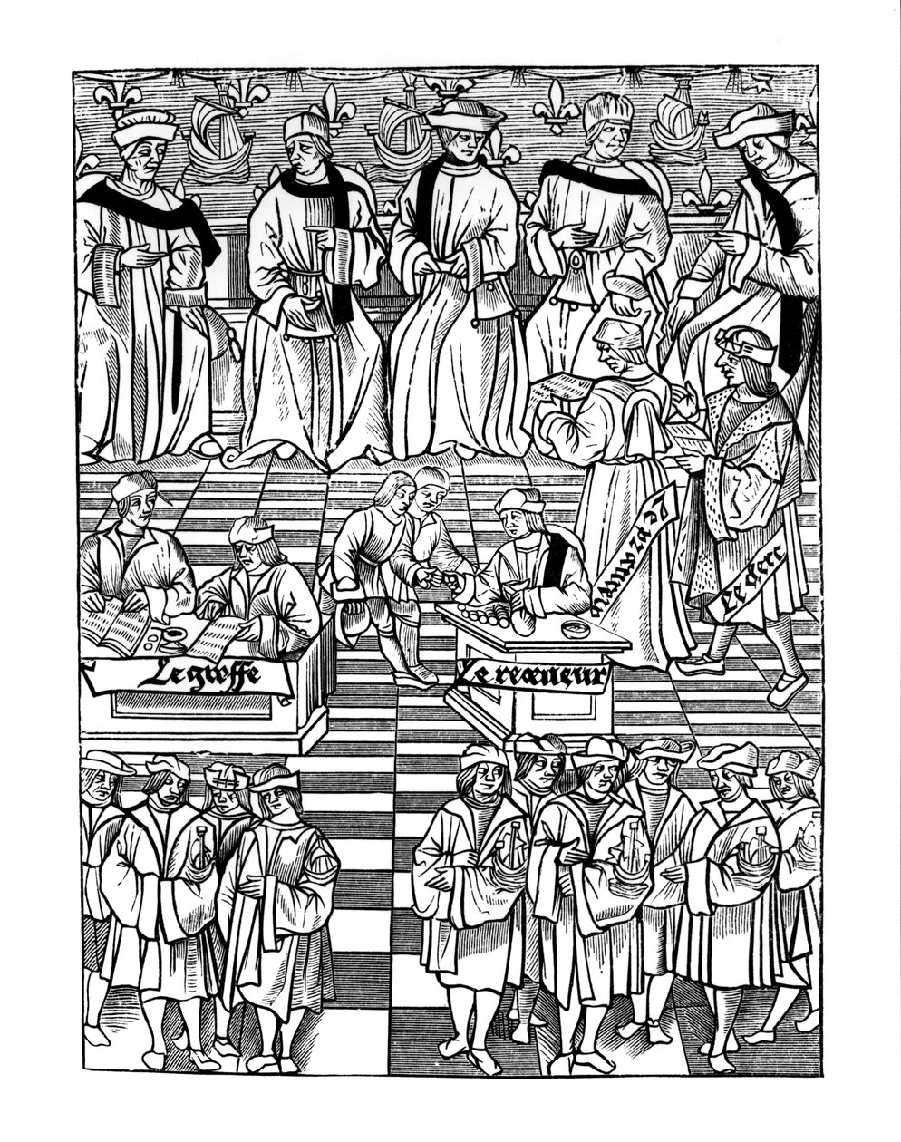 Asamblea de la Prebostía de los Mercaderes de París, después de un grabado en Ordannances Royaux de la Jurisdiction de la Prevote de Marchands et Eschevinage de la Ville de Paris de Jacques Nyverd de French School