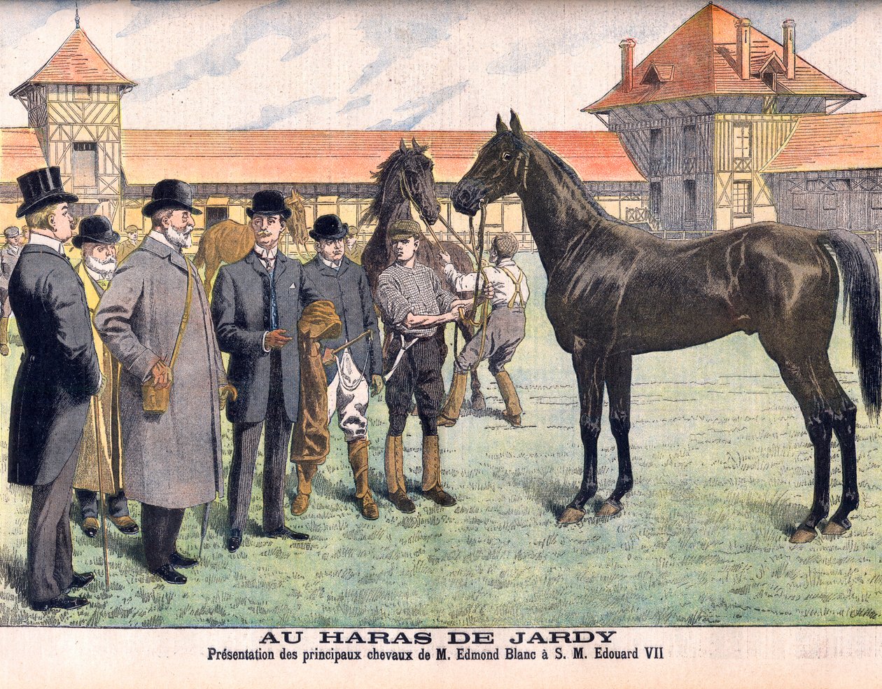 En la granja de cría Jardy fuera de París (Marnes-la-Coquette). El criador Edmond Blanc mostrando sus mejores caballos al Rey Eduardo VII. Presentación de los principales caballos de Edmond Blanc a SM Eduardo VII (1841-1910). Ilustración para Le Petit Jour de French School