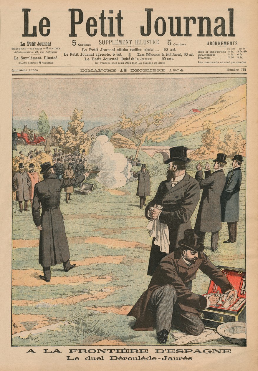 En la frontera española, duelo entre Paul Deroulede y Jean Jaures, ilustración de Le Petit Journal, Suplemento ilustrado, 18 de diciembre de 1904 de French School
