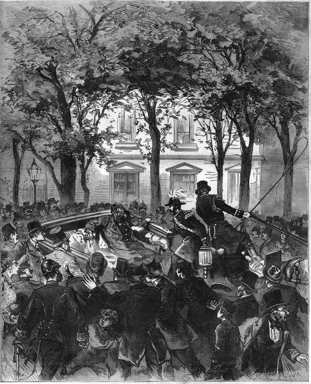 Ataque contra el emperador alemán Guillermo II (1797-1888), Berlín, 2 de junio de 1878: el emperador fue herido por un disparo del anarquista alemán Karl Nobiling. Grabado en 