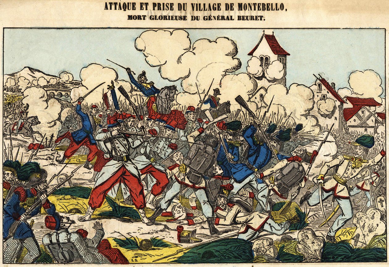 Ataque y captura del pueblo de Montebello, la gloriosa muerte del General Beuret en 1859. Imagen de Epinal de French School