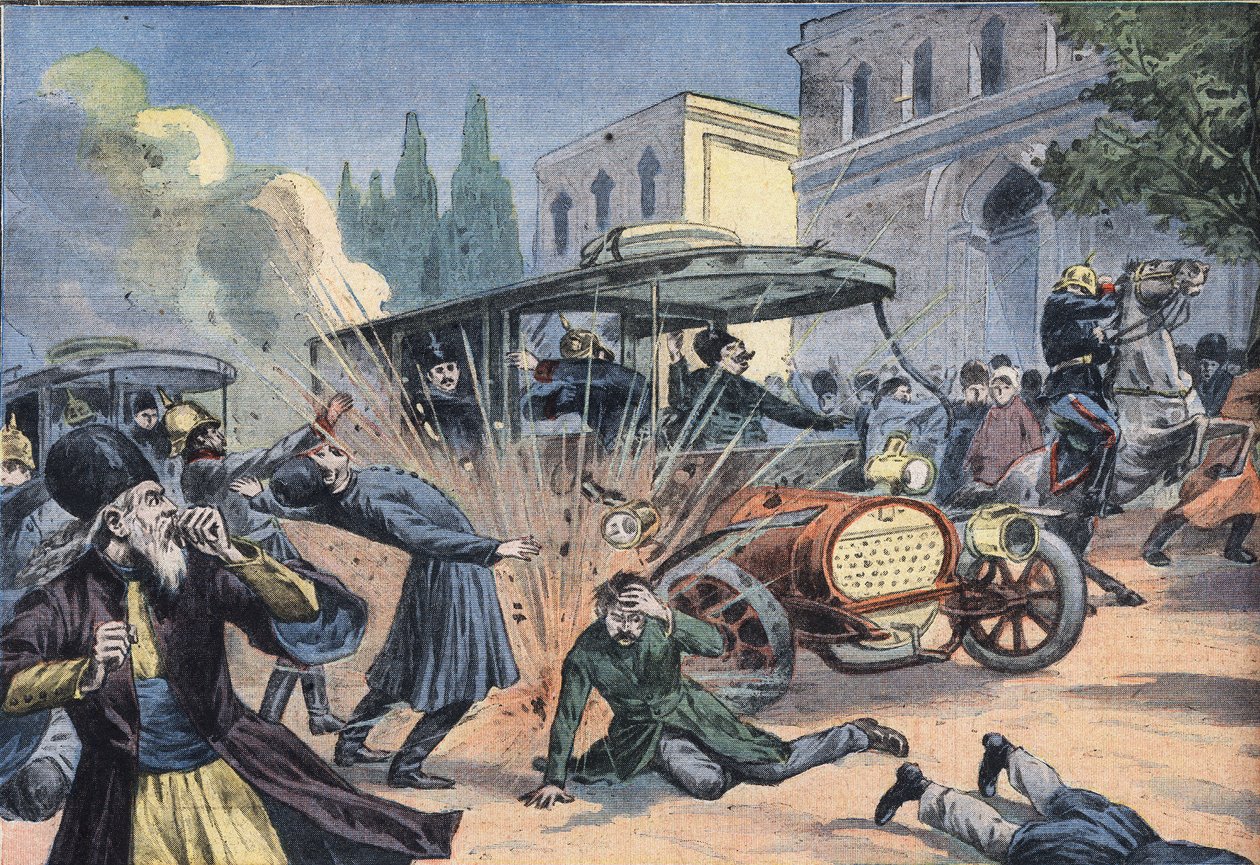 Atentado contra el Shah de Persia Mohammad Ali Shah Qajar (1872-1925). Grabado del periódico "Le Petit Parisien" de French School